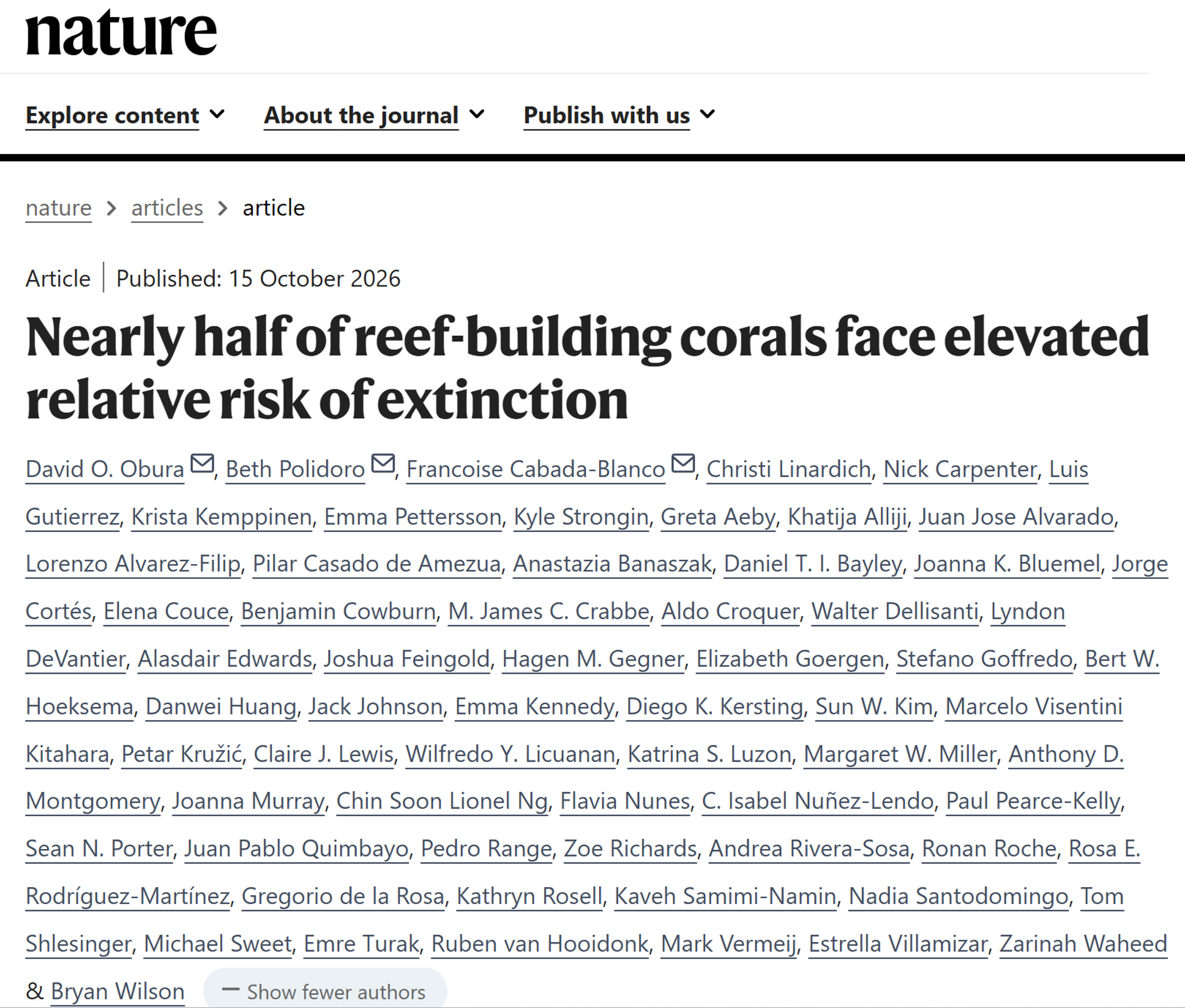 Nearly half of reef-building corals face elevated relative risk of extinction